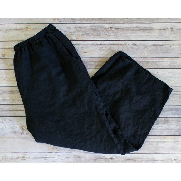 Flax Pants Womens Large Black Pull On Lagenlook Elastic Waist Casual Cropped - Picture 1 of 6